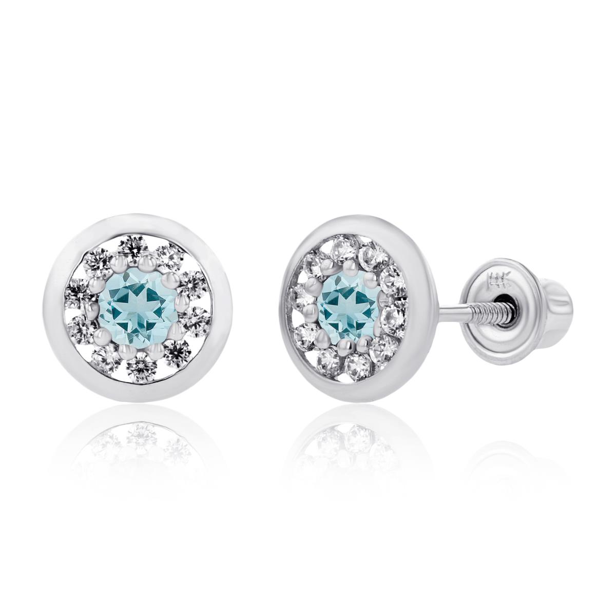 Sterling Silver Rhodium 2.5mm Aquamarine & 1mm Created White Sapphire Pave Circle Screwback Earrings