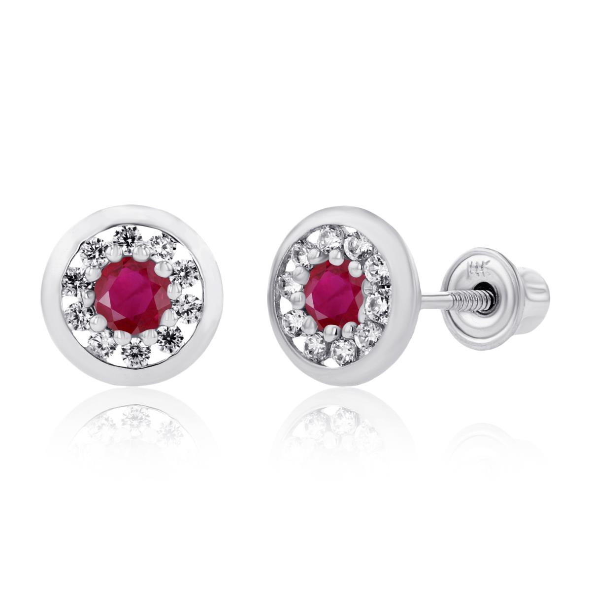 Sterling Silver Rhodium 2.5mm Ruby & 1mm Created White Sapphire Pave Circle Screwback Earrings