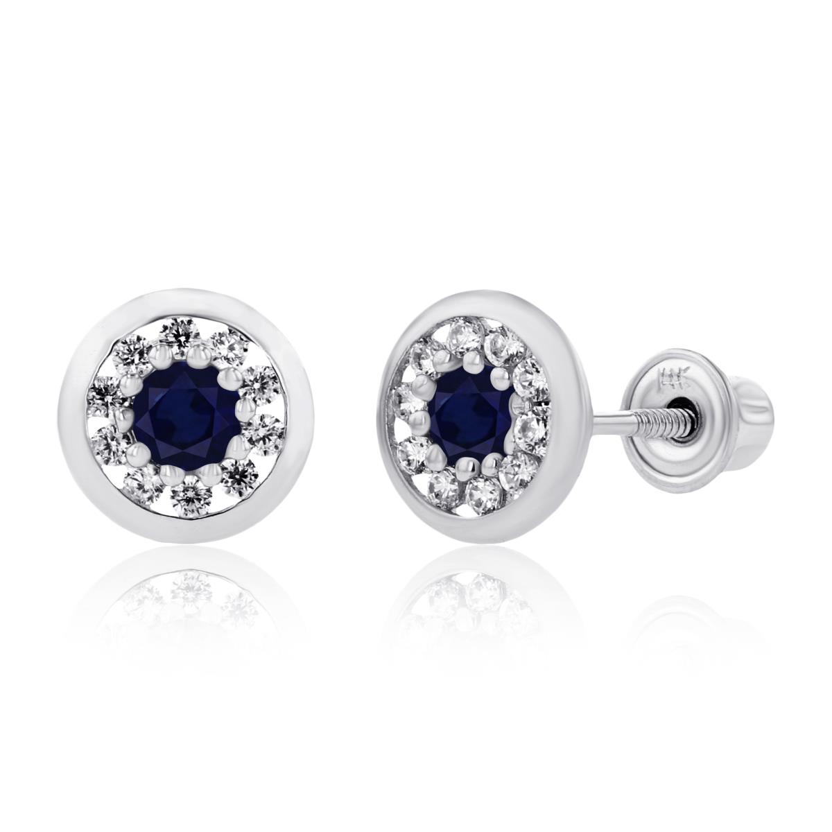 Sterling Silver Rhodium 2.5mm Sapphire & 1mm Created White Sapphire Pave Circle Screwback Earrings