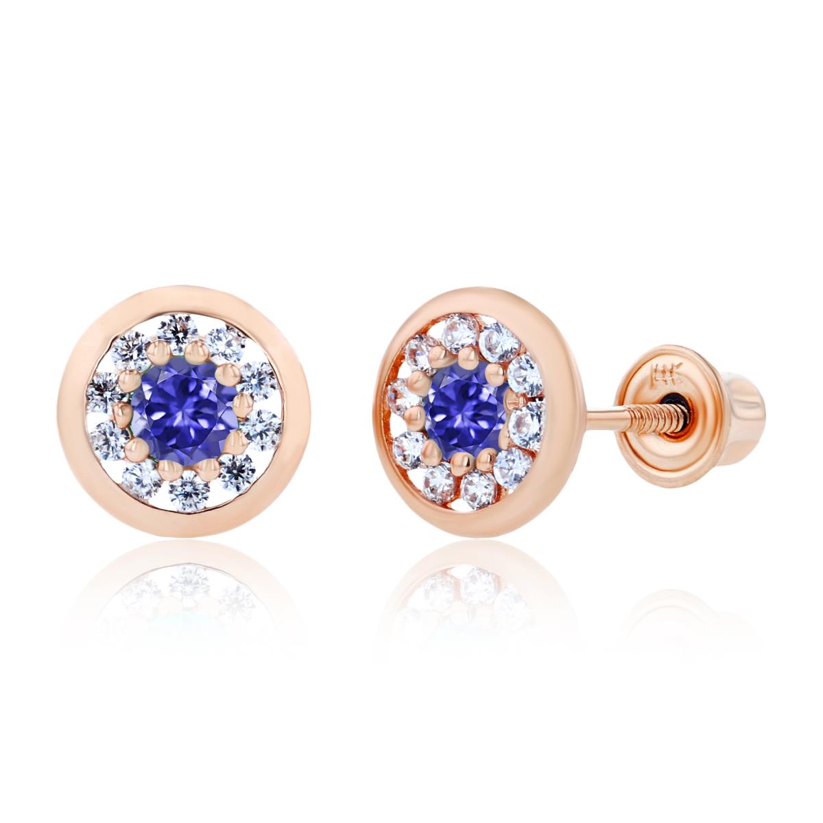 Sterling Silver Rose 2.5mm Tanzanite & 1mm Created White Sapphire Pave Circle Screwback Earrings