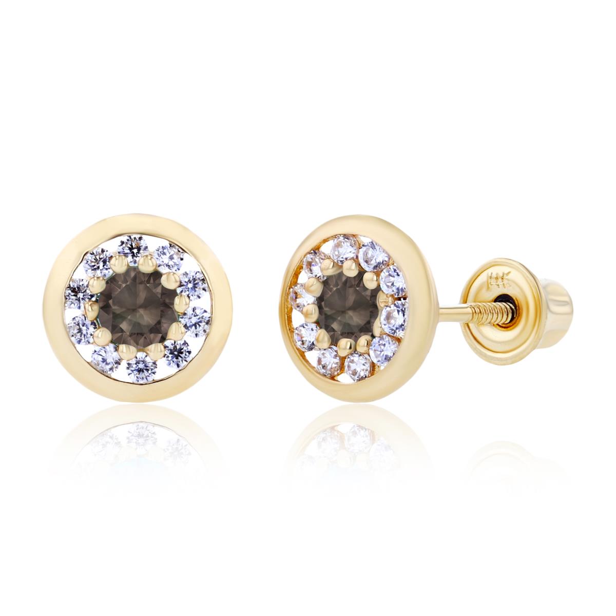 Sterling Silver Yellow 2.5mm Smokey Quartz & 1mm Created White Sapphire Pave Circle Screwback Earrings