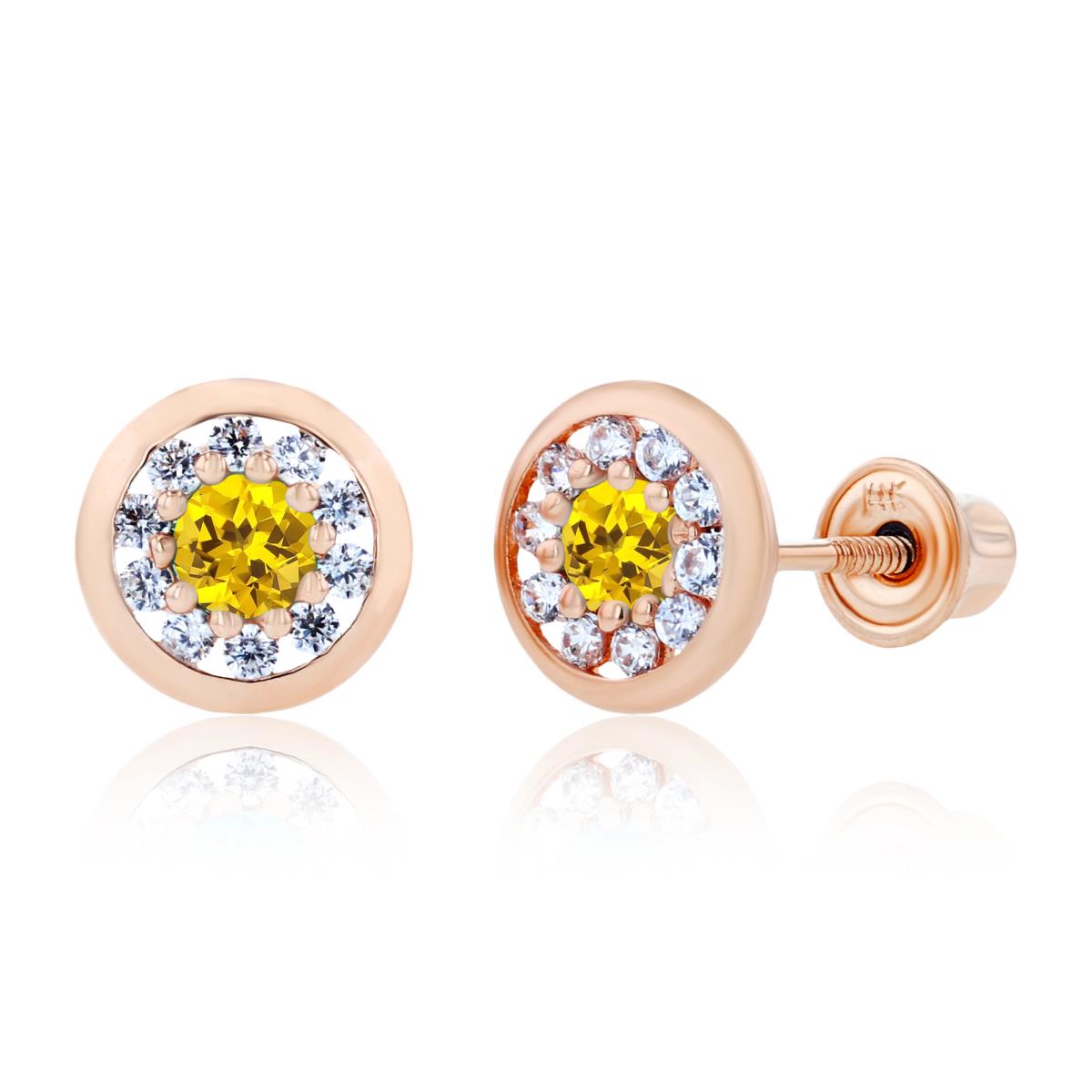 Sterling Silver Rose 2.5mm Created Yellow Sapphire & 1mm Created White Sapphire Pave Circle Screwback Earrings