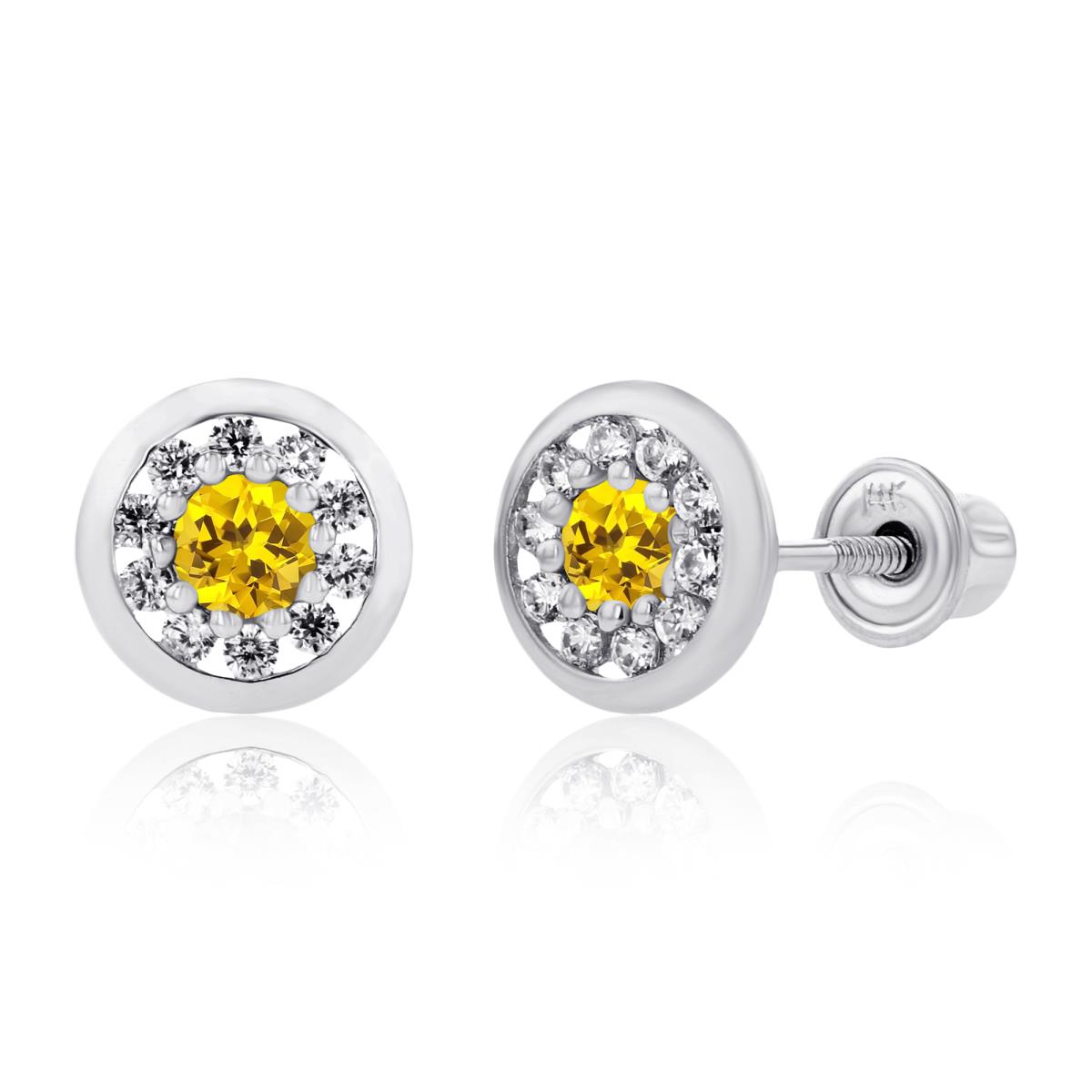 Sterling Silver Rhodium 2.5mm Created Yellow Sapphire & 1mm Created White Sapphire Pave Circle Screwback Earrings