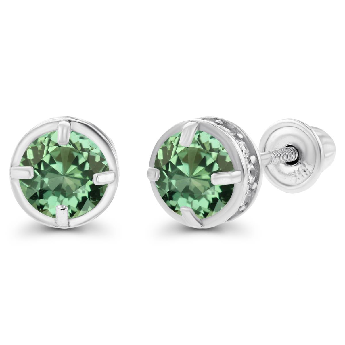 Sterling Silver Rhodium 4mm Created Green Sapphire & 1mm Created White Sapphire Basket Screwback Earrings
