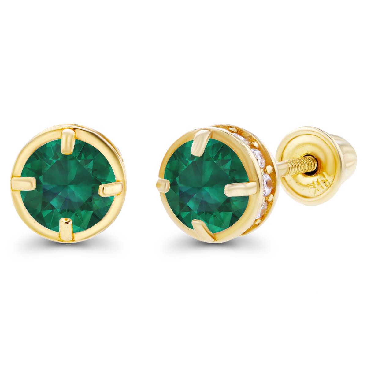 Sterling Silver Yellow 4mm Created Emerald & 1mm Created White Sapphire Basket Screwback Earrings