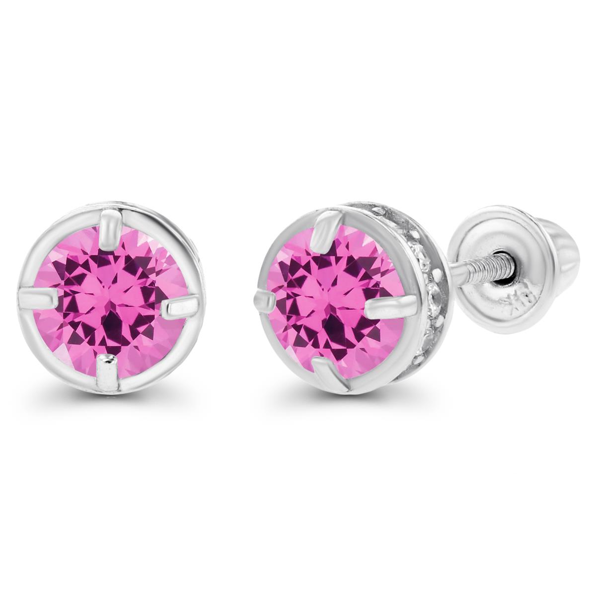 Sterling Silver Rhodium 4mm Created Pink Sapphire & 1mm Created White Sapphire Basket Screwback Earrings