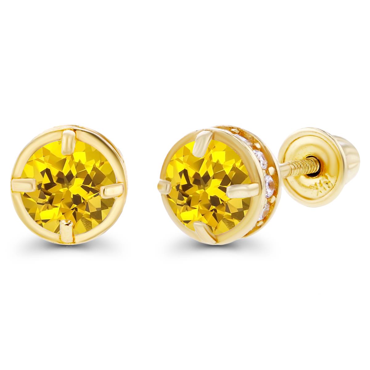 Steling Silver Yellow 4mm Created Yellow Sapphire & 1mm Created White Sapphire Basket Screwback Earrings