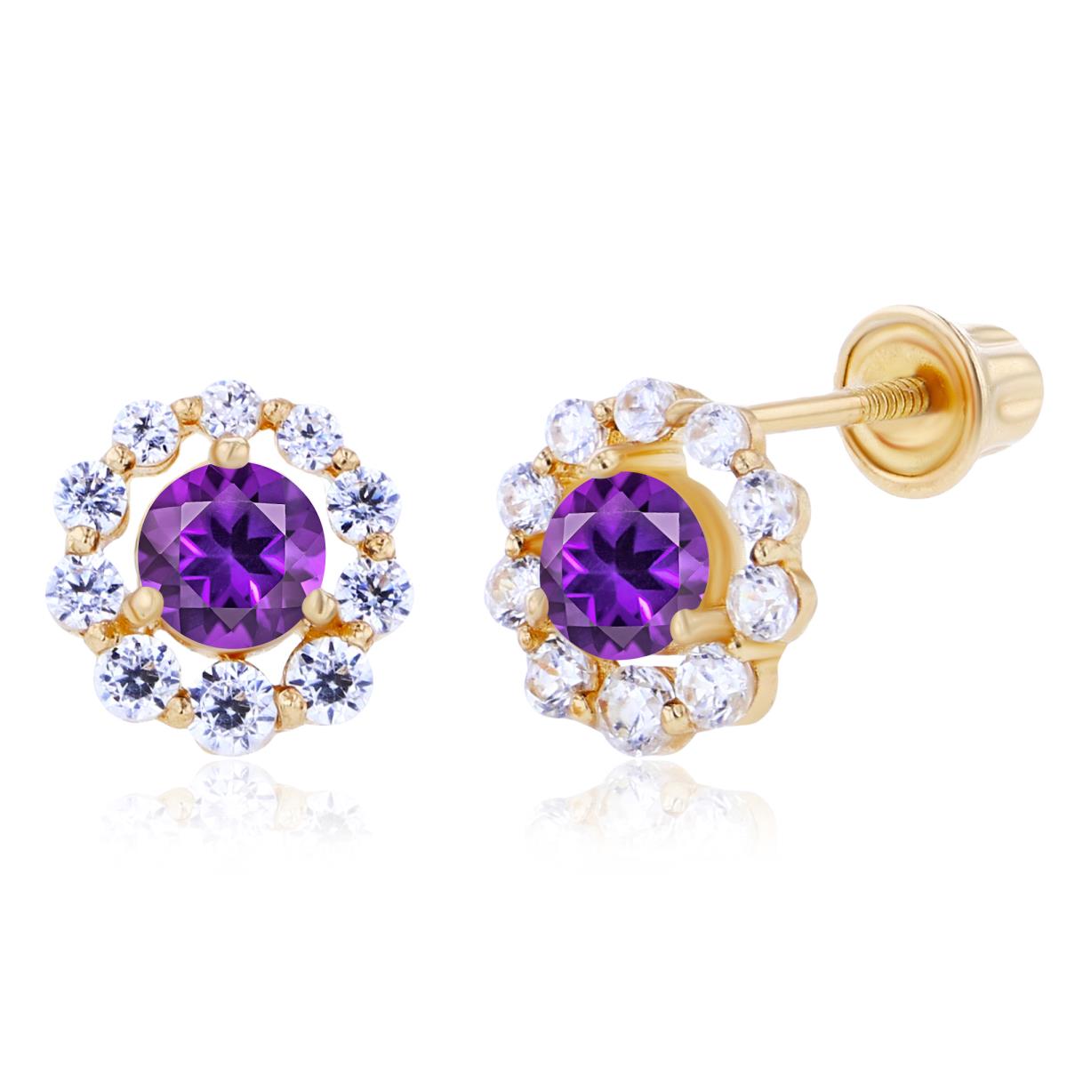 Sterling Silver Yellow 3mm Amethyst & Created White Sapphire Halo Screwback Earrings