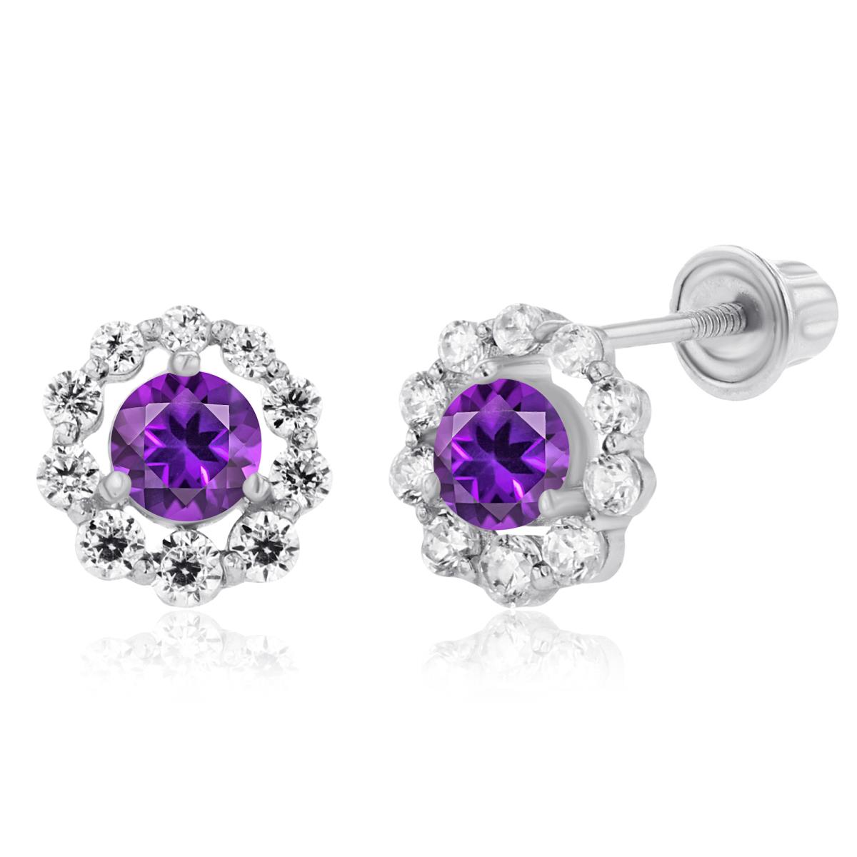Sterling Silver Rhodium 3mm Amethyst & Created White Sapphire Halo Screwback Earrings