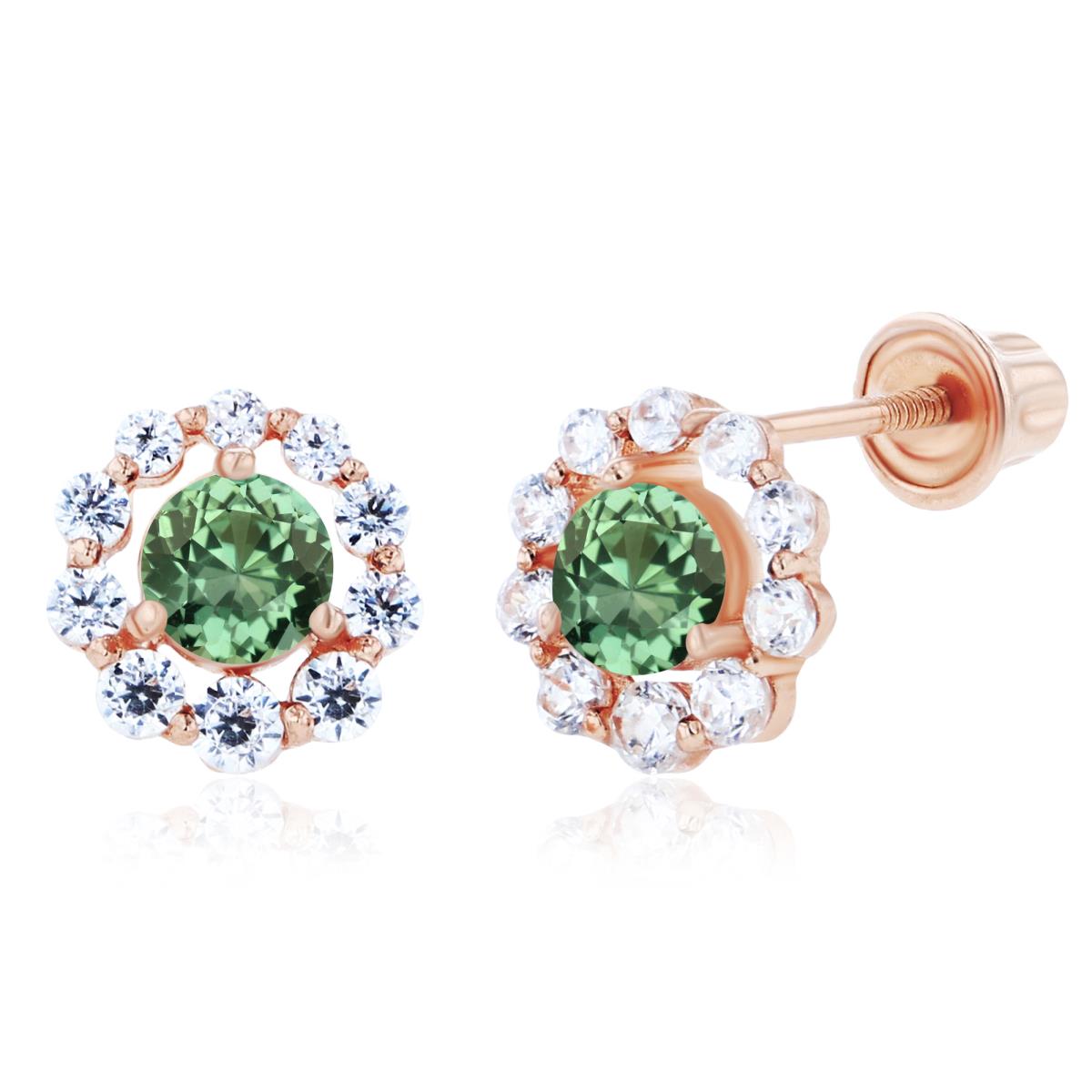 Sterling Silver Rose 3mm Created Green Sapphire & Created White Sapphire Halo Screwback Earrings