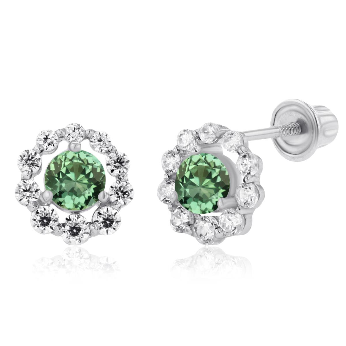 Sterling Silver Rhodium 3mm Created Green Sapphire & Created White Sapphire Halo Screwback Earrings