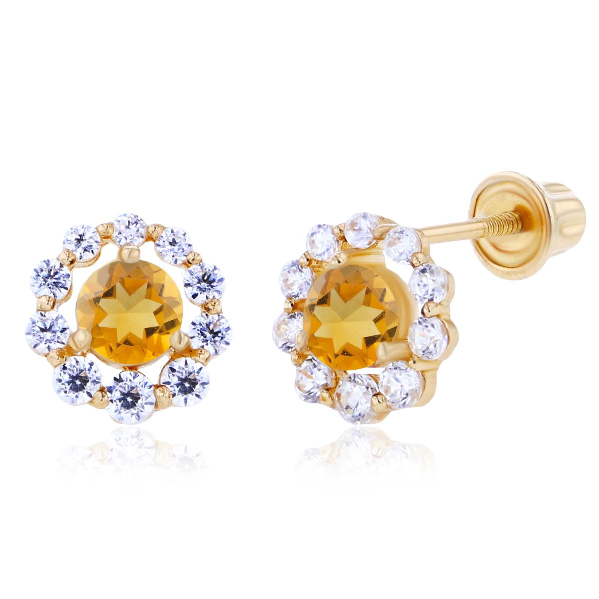 Sterling Silver Yellow 3mm Citrine & Created White Sapphire Halo Screwback Earrings