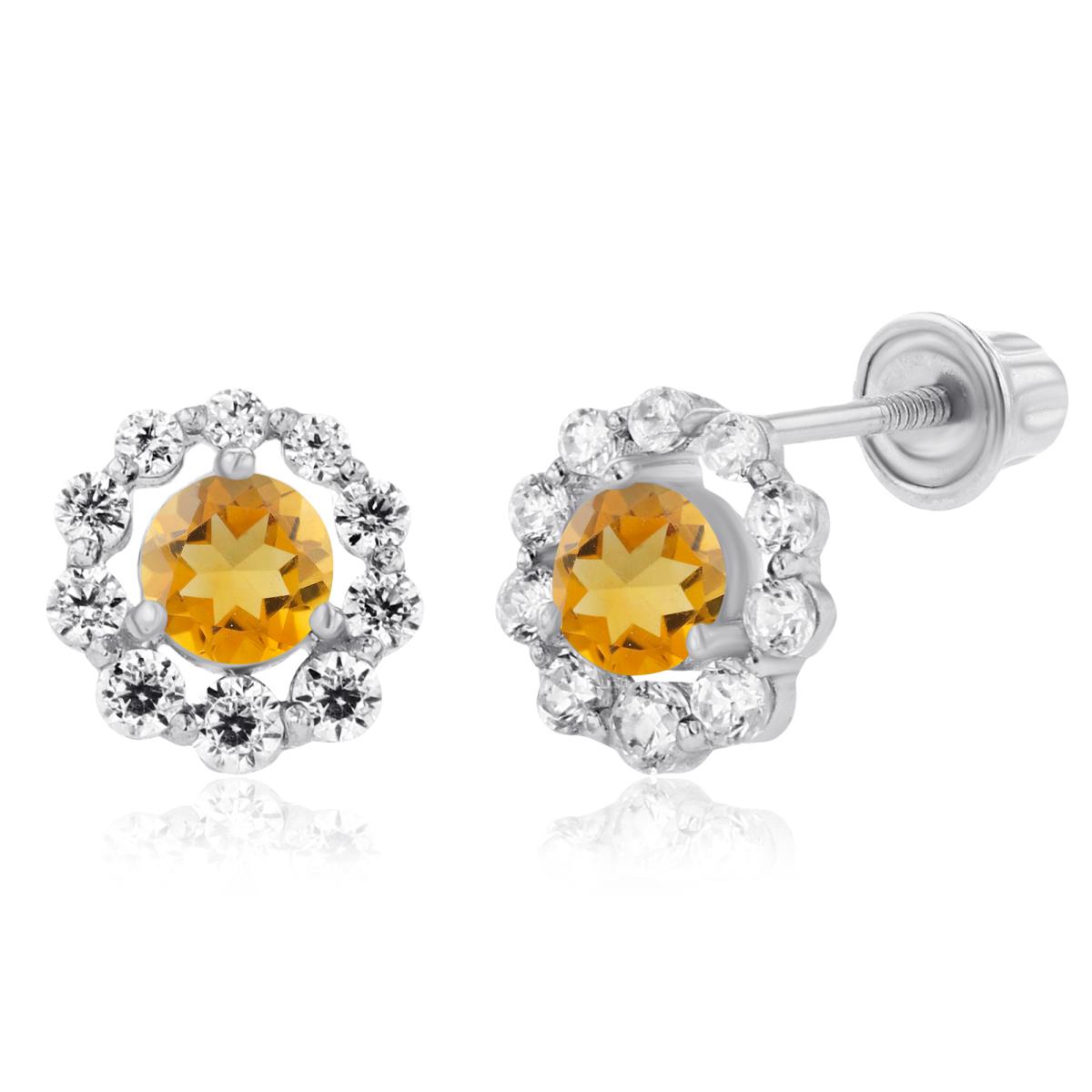 Sterling Silver Rhodium 3mm Citrine & Created White Sapphire Halo Screwback Earrings