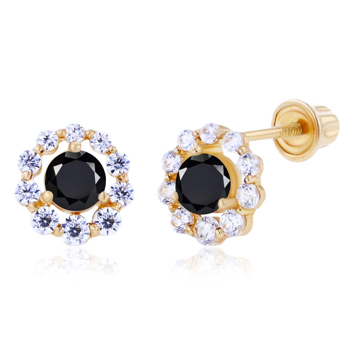 Sterling Silver Yellow 3mm Onyx & Created White Sapphire Halo Screwback Earrings
