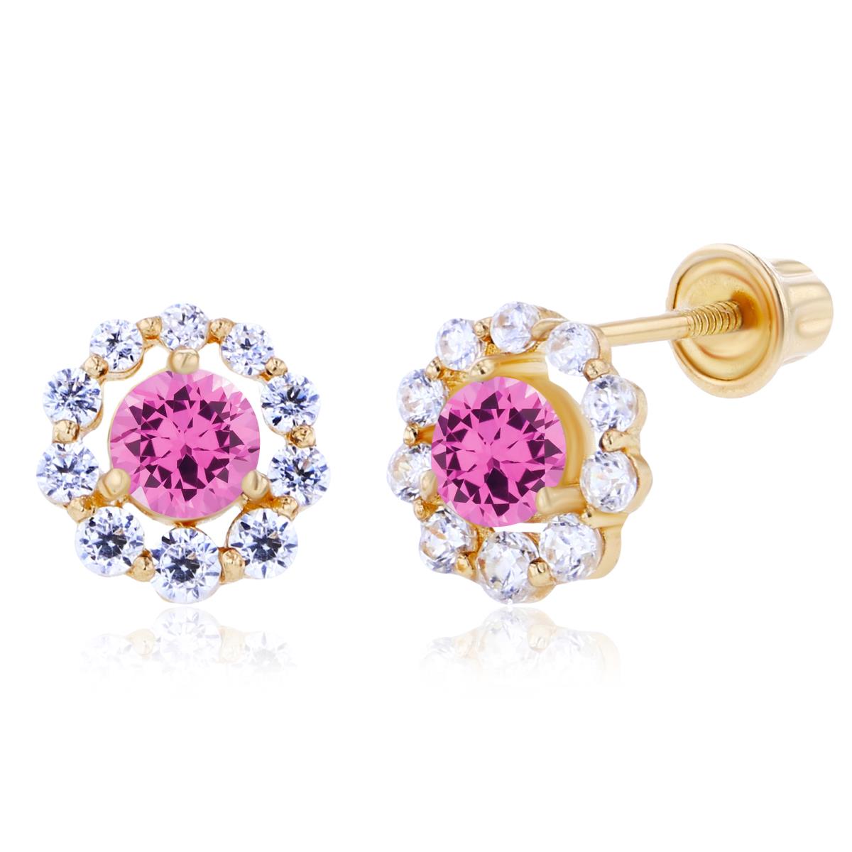Sterling Silver Yellow 3mm Created Pink Sapphire & Created White Sapphire Halo Screwback Earrings