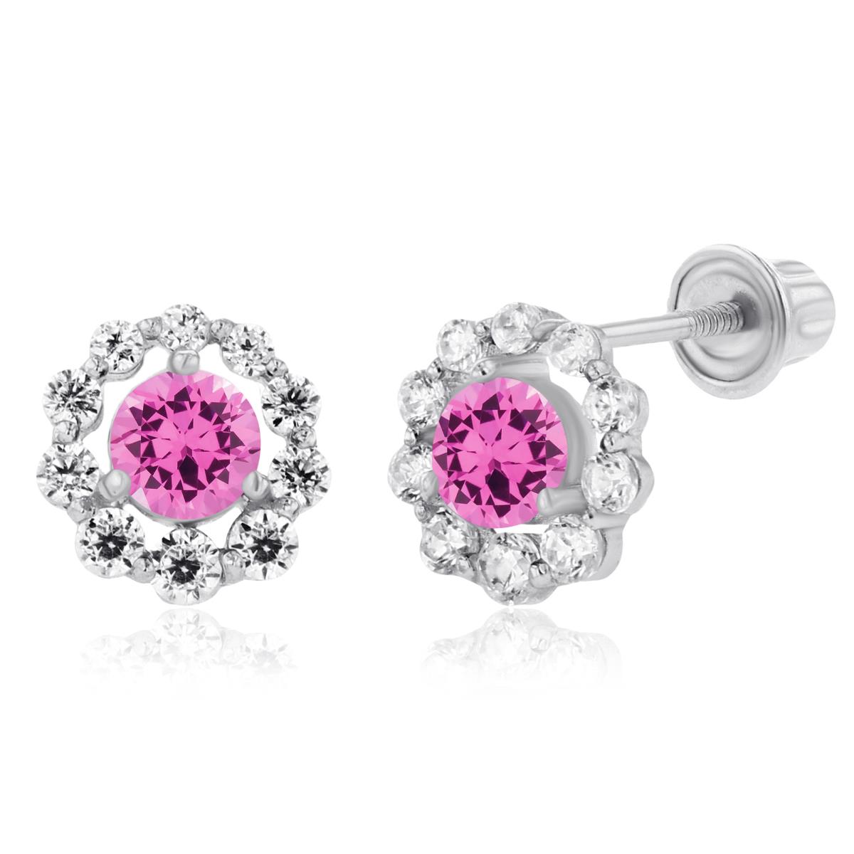 Sterling Silver Rhodium 3mm Created Pink Sapphire & Created White Sapphire Halo Screwback Earrings