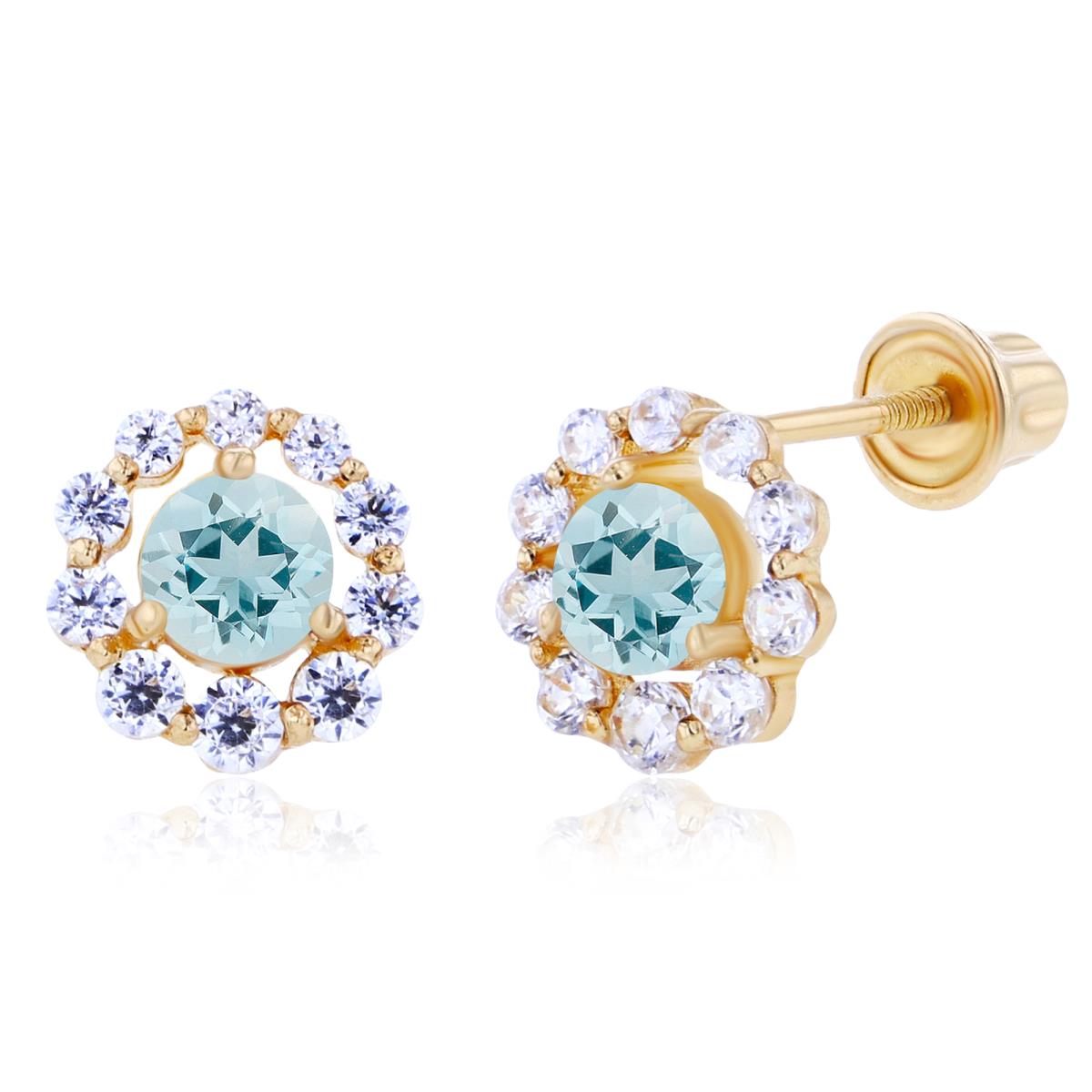 Sterling Silver Yellow 3mm Aquamarine & Created White Sapphire Halo Screwback Earrings