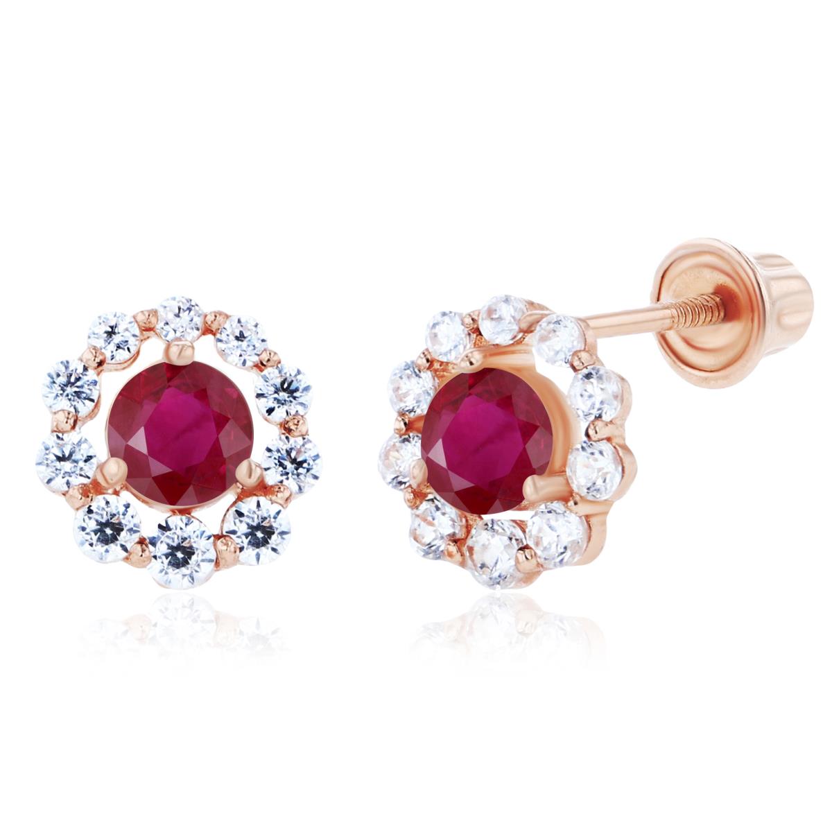 Sterling Silver Rose 3mm Ruby & Created White Sapphire Halo Screwback Earrings