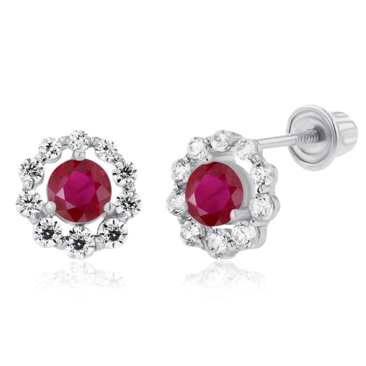 Sterling Silver Rhodium 3mm Ruby & Created White Sapphire Halo Screwback Earrings