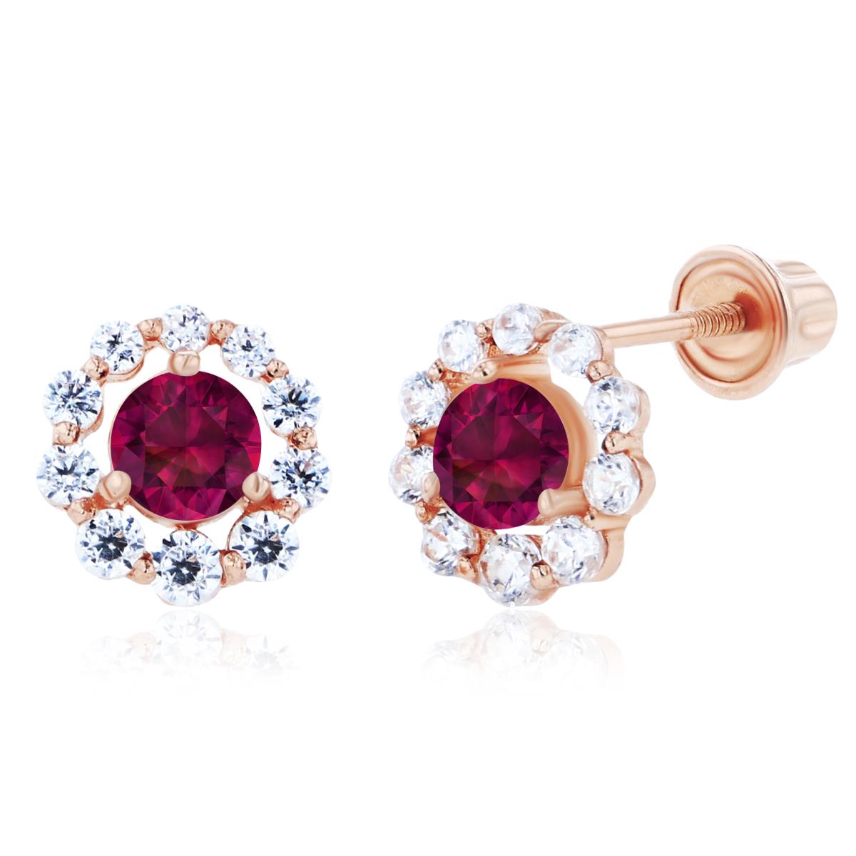 Sterling Silver Rose 3mm Created Ruby & Created White Sapphire Halo Screwback Earrings