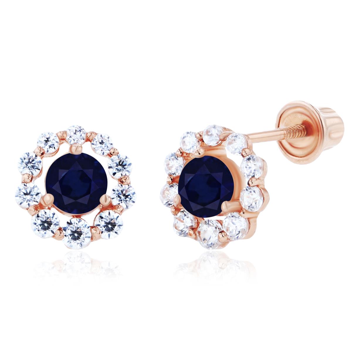 Sterling Silver Rose 3mm Sapphire & Created White Sapphire Halo Screwback Earrings