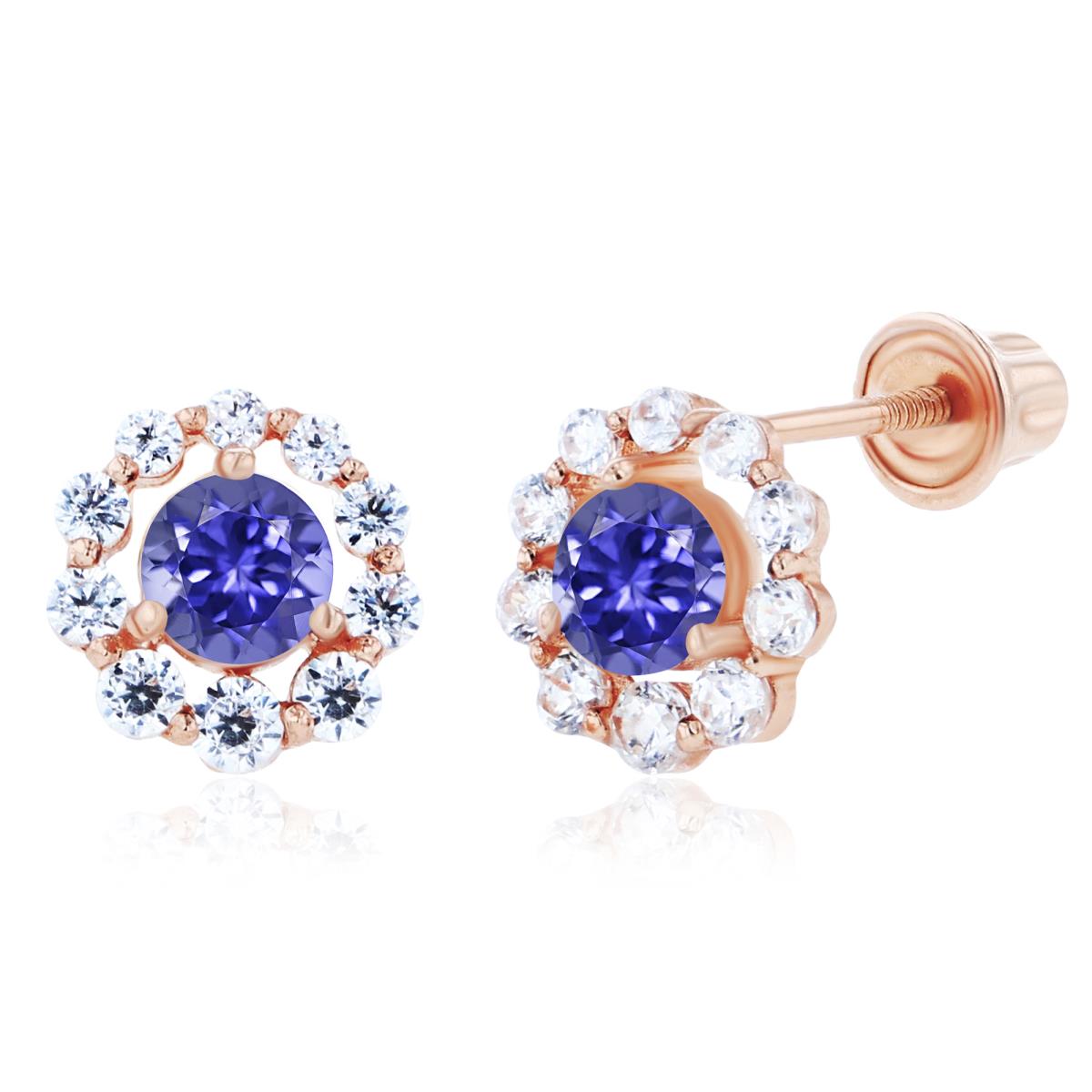 Sterling Silver Rose 3mm Tanzanite & Created White Sapphire Halo Screwback Earrings