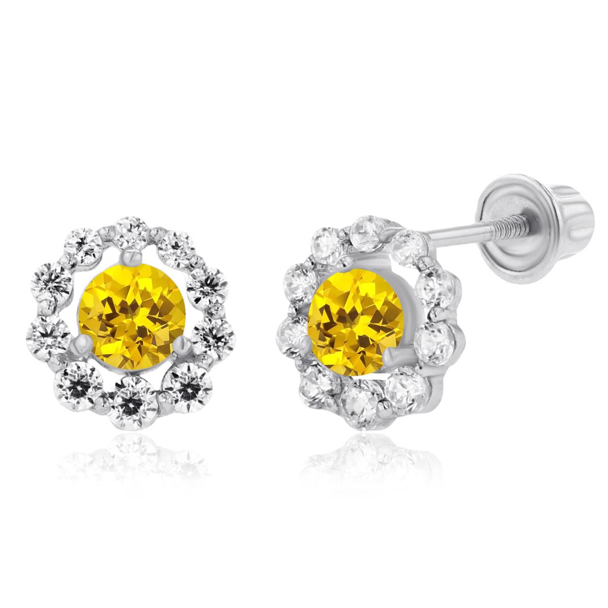 Sterling Silver Rhodium 3mm Created Yellow Sapphire & Created White Sapphire Halo Screwback Earrings