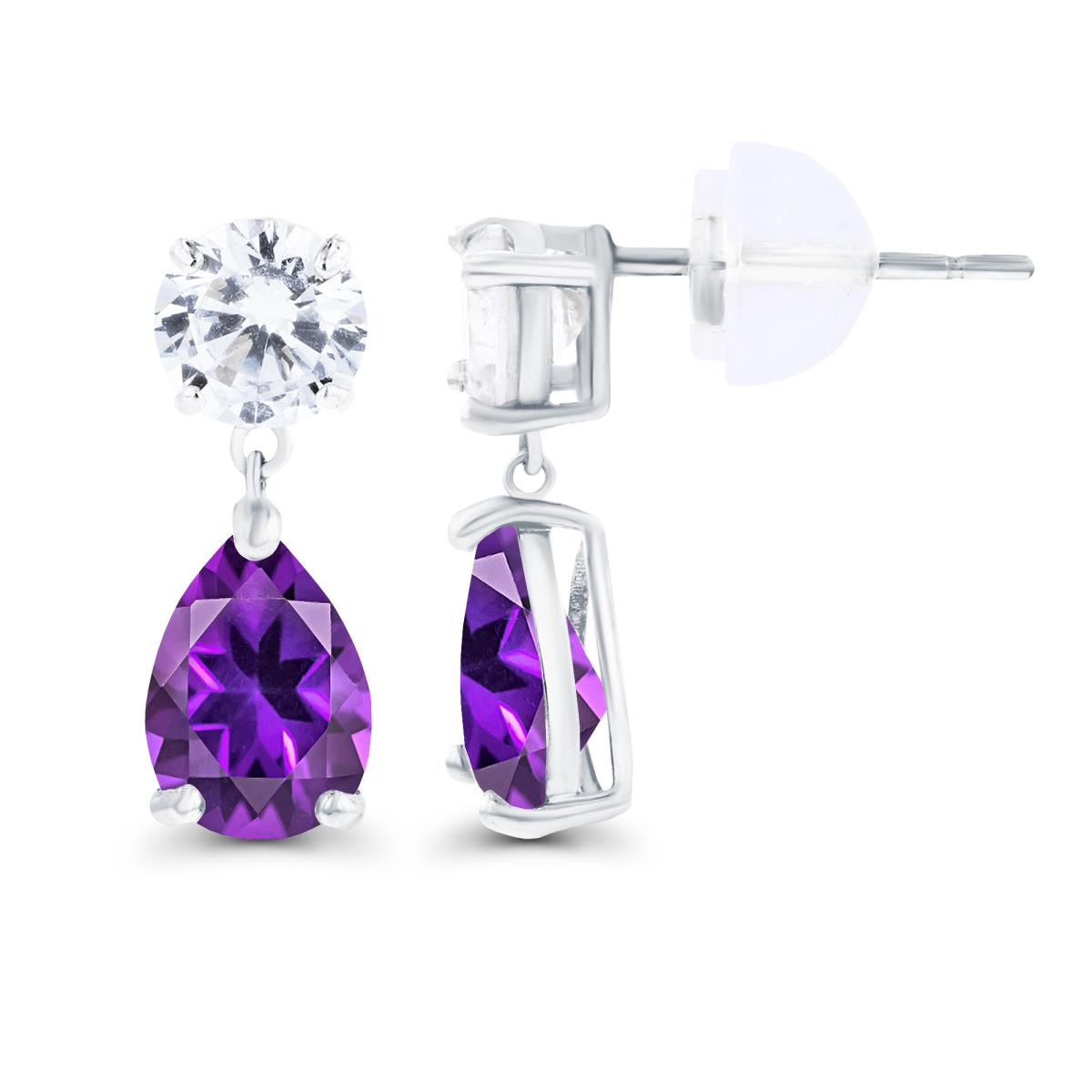 Sterling Silver Rhodium 6x4mm Pear Amethyst & 4.5mm Round Created White Sapphire Earrings with Silicon Backs