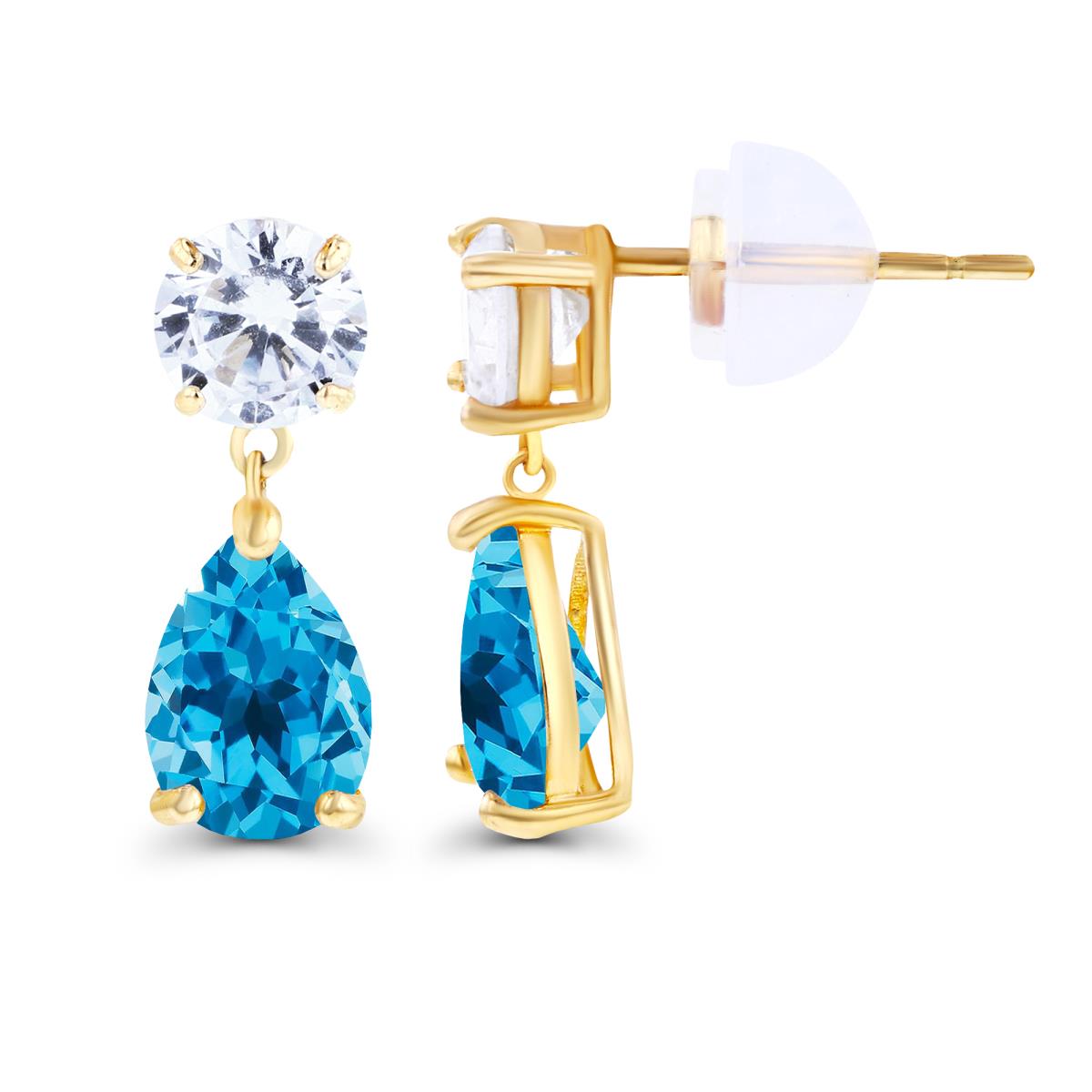 Sterling Silver Yellow 6x4mm Pear Swiss Blue Topaz & 4.5mm Round Created White Sapphire Earrings with Silicon Backs