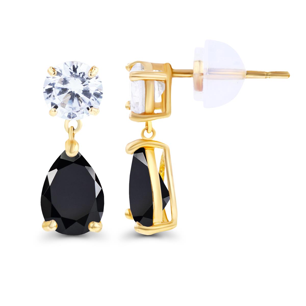 Sterling Silver Yellow 6x4mm Pear Onyx & 4.5mm Round Created White Sapphire Earrings with Silicon Backs
