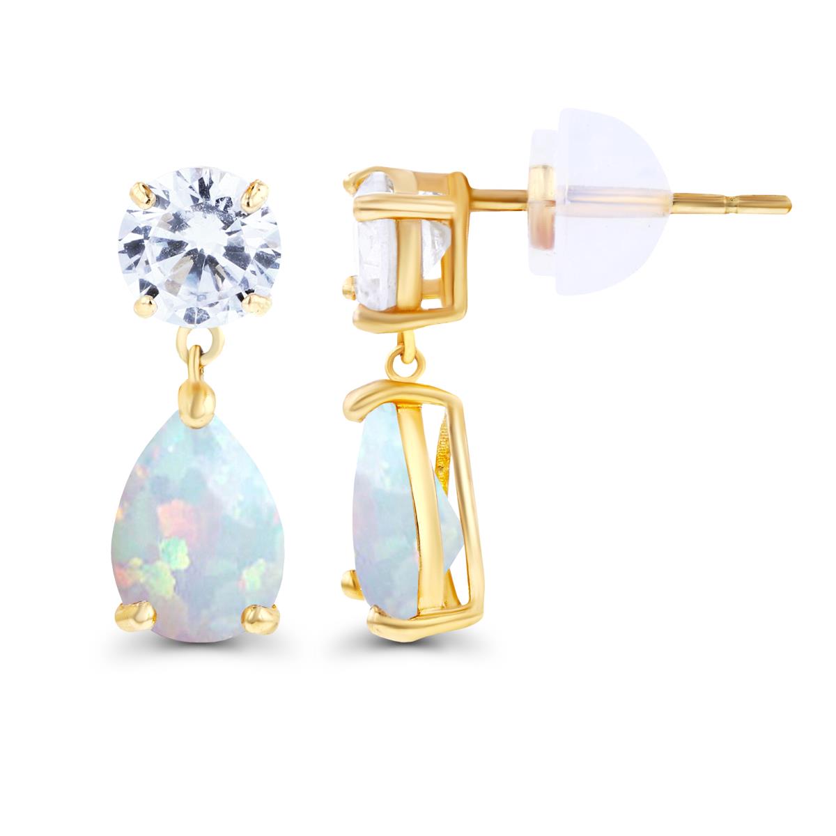 Sterling Silver Yellow 6x4mm Pear Created Opal & 4.5mm Round Created White Sapphire Earrings with Silicon Backs