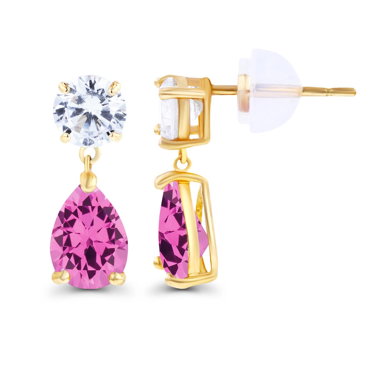 Sterling Silver Yellow 6x4mm Pear Created Pink Sapphire & 4.5mm Round Created White Sapphire Earrings with Silicon Backs