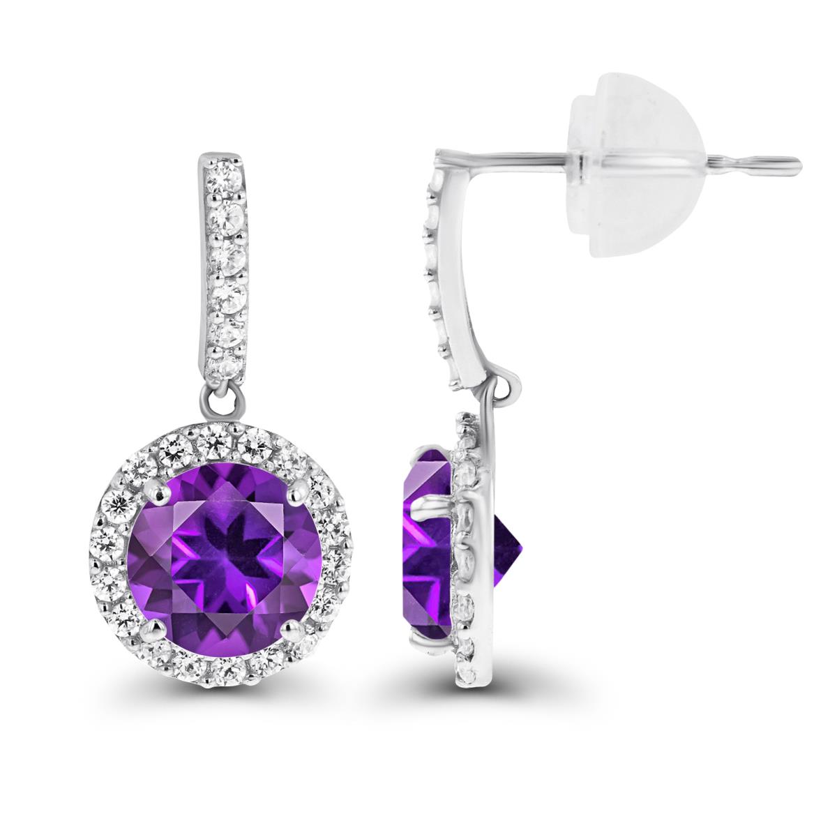 Sterling Silver Rhodium Dangling 6mm Amethyst & Created White Sapphire Halo Earring with Silicone Back