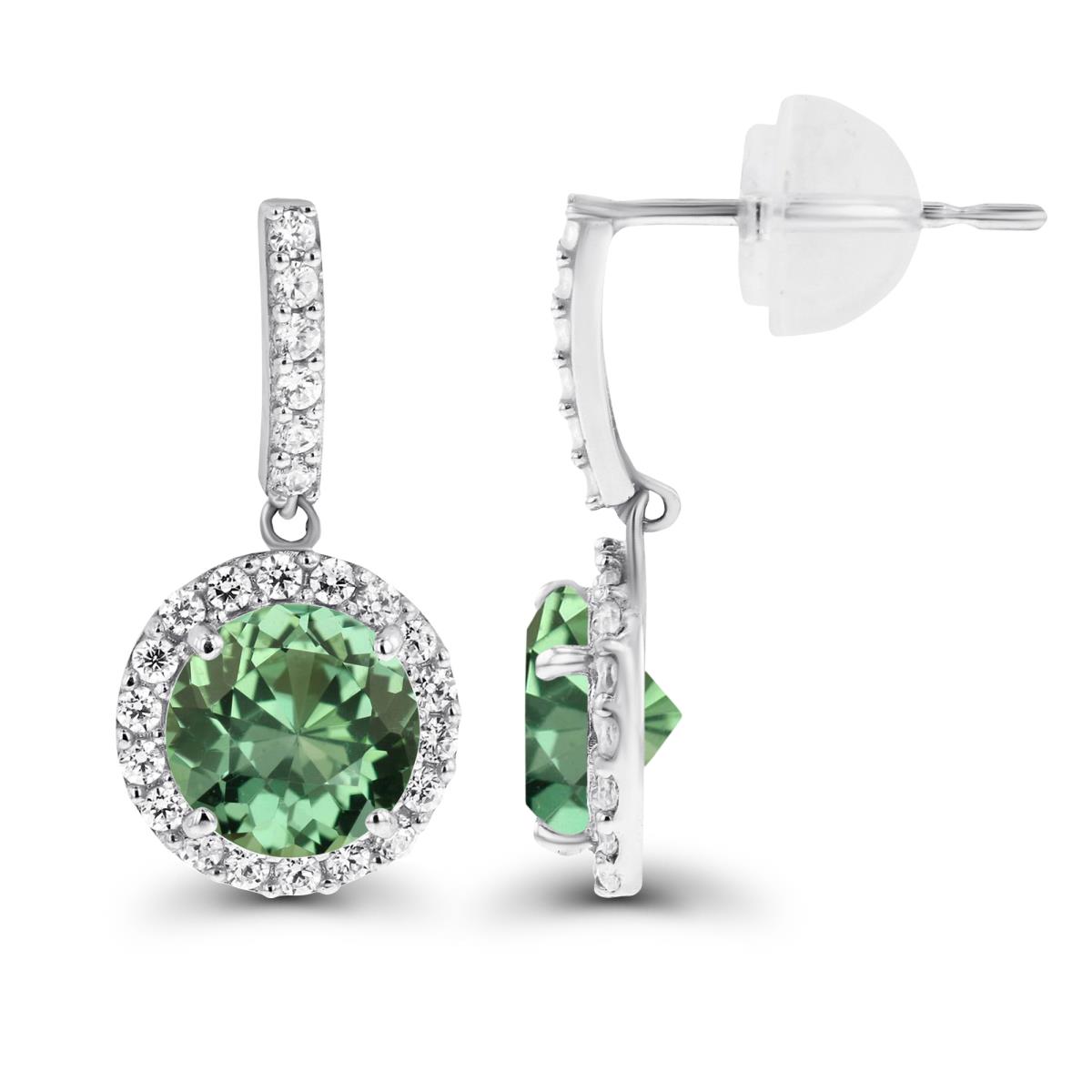 Sterling Silver Rhodium Dangling 6mm Created Green Sapphire & Created White Sapphire Halo Earring with Silicone Back