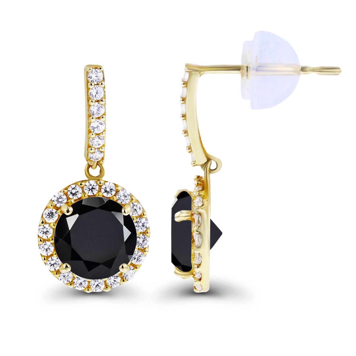 Sterling Silver Yellow Dangling 6mm Onyx & Created White Sapphire Halo Earring with Silicone Back