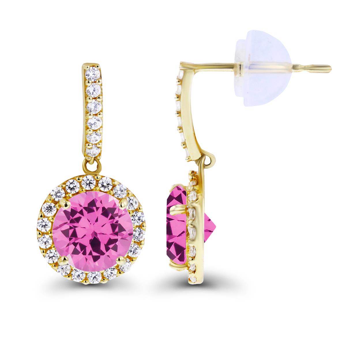 Sterling Silver Yellow Dangling 6mm Created Pink Sapphire & Created White Sapphire Halo Earring with Silicone Back