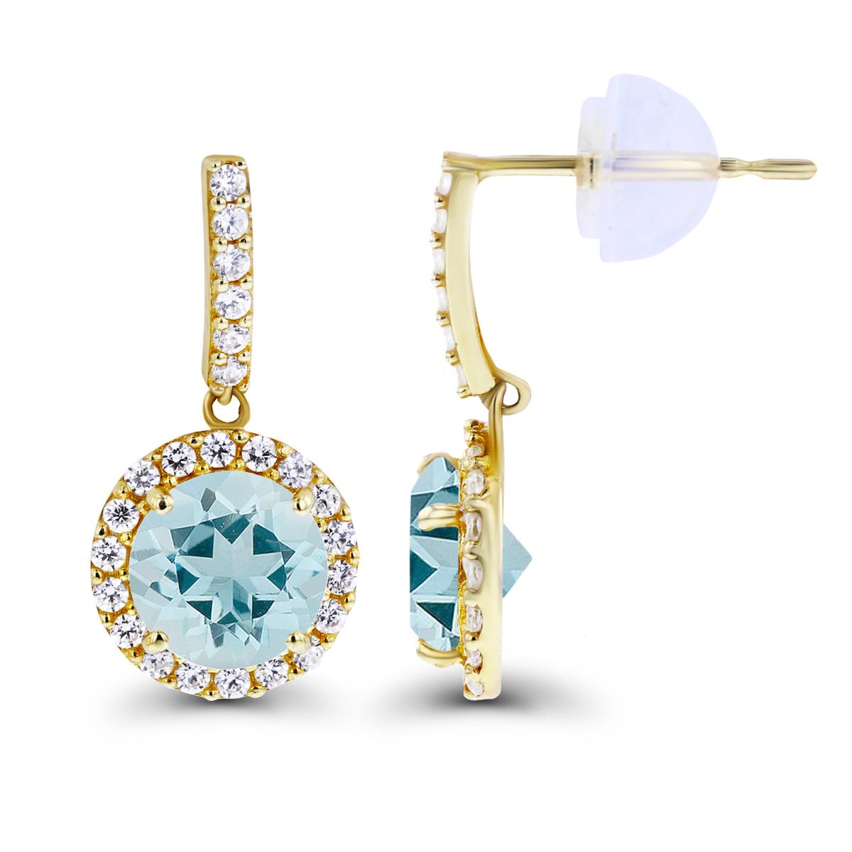 Sterling Silver Yellow Dangling 6mm Aquamarine & Created White Sapphire Halo Earring with Silicone Back