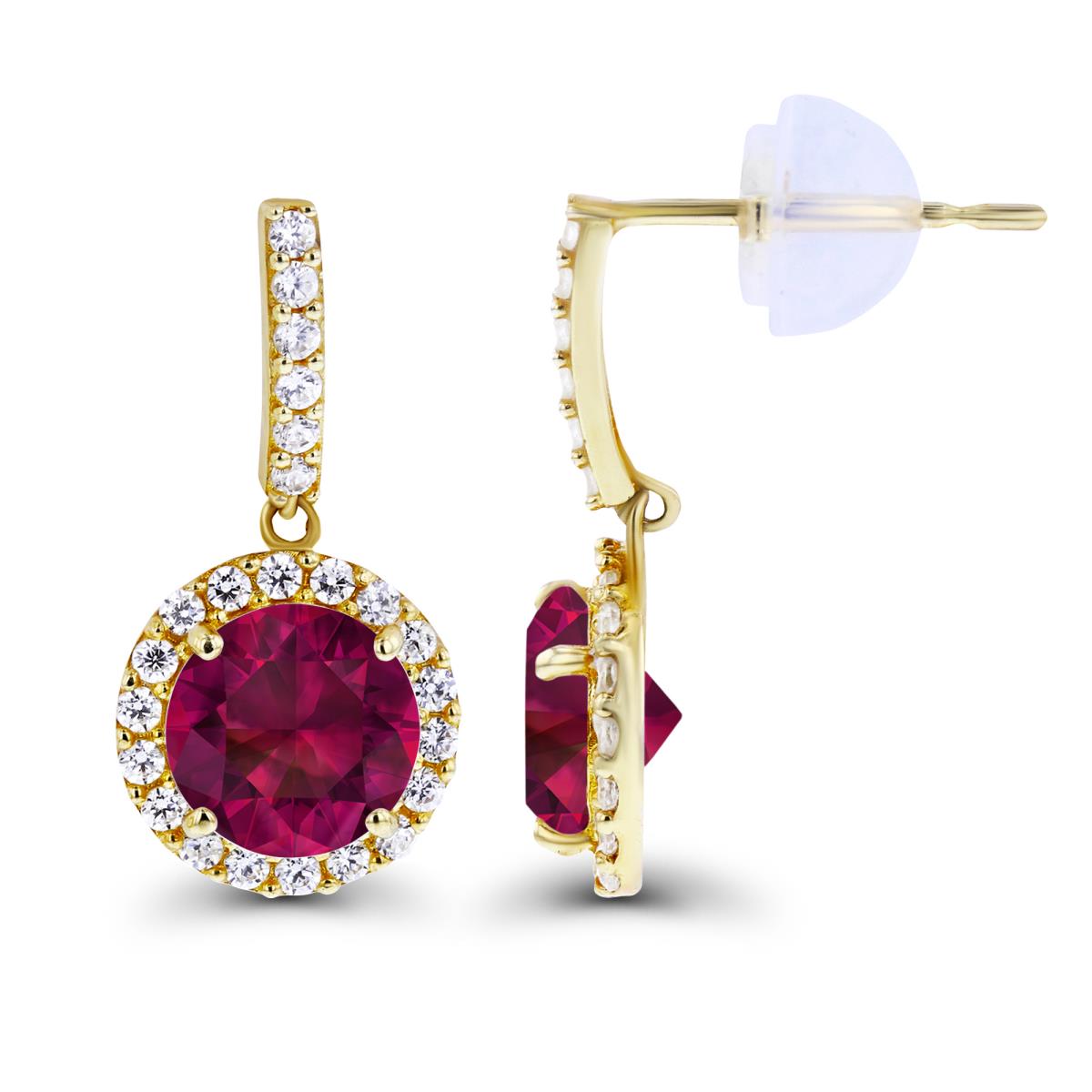 Sterling Silver Yellow Dangling 6mm Created Ruby & Created White Sapphire Halo Earring with Silicone Back