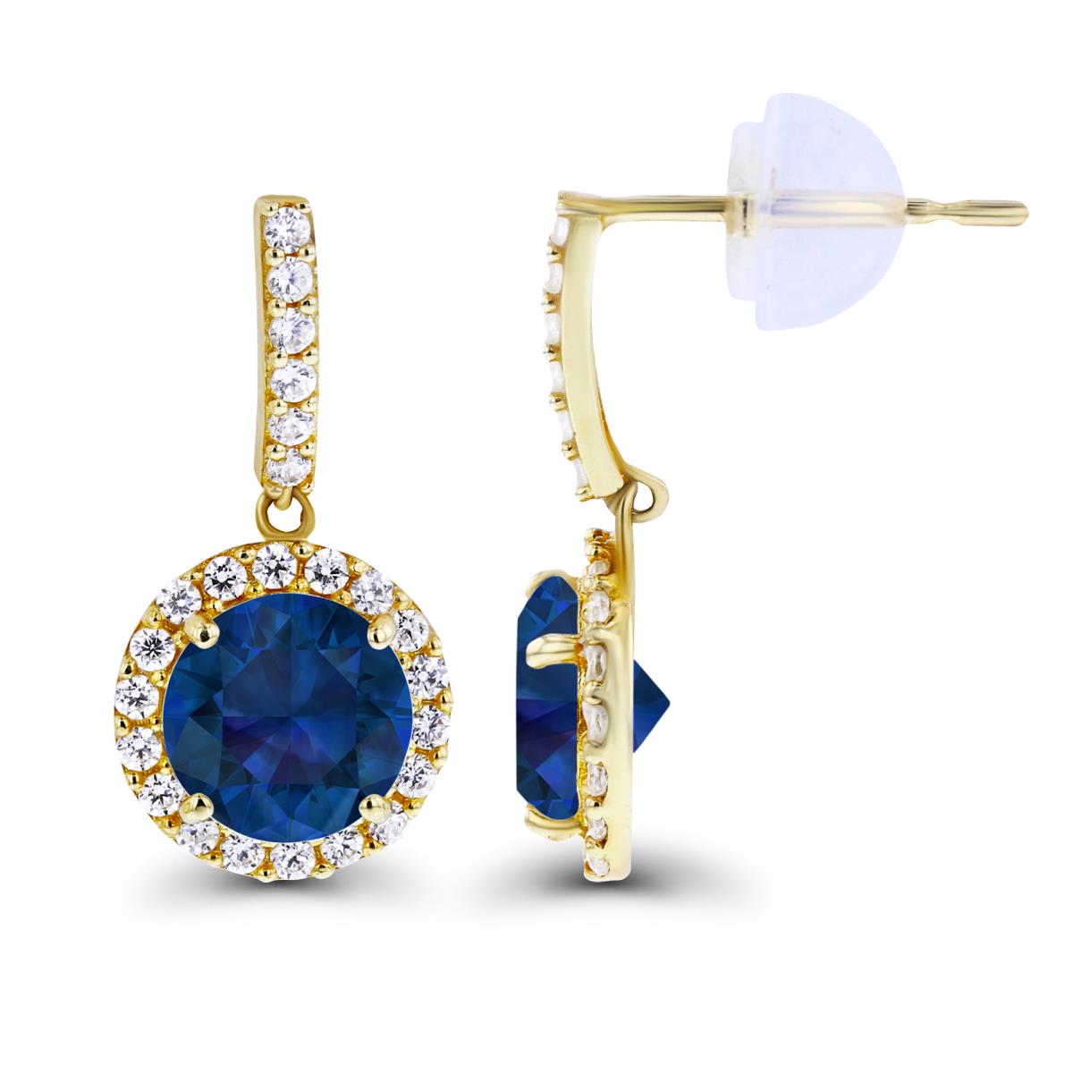 Sterling Silver Yellow Dangling 6mm Created Blue Sapphire & Created White Sapphire Halo Earring with Silicone Back