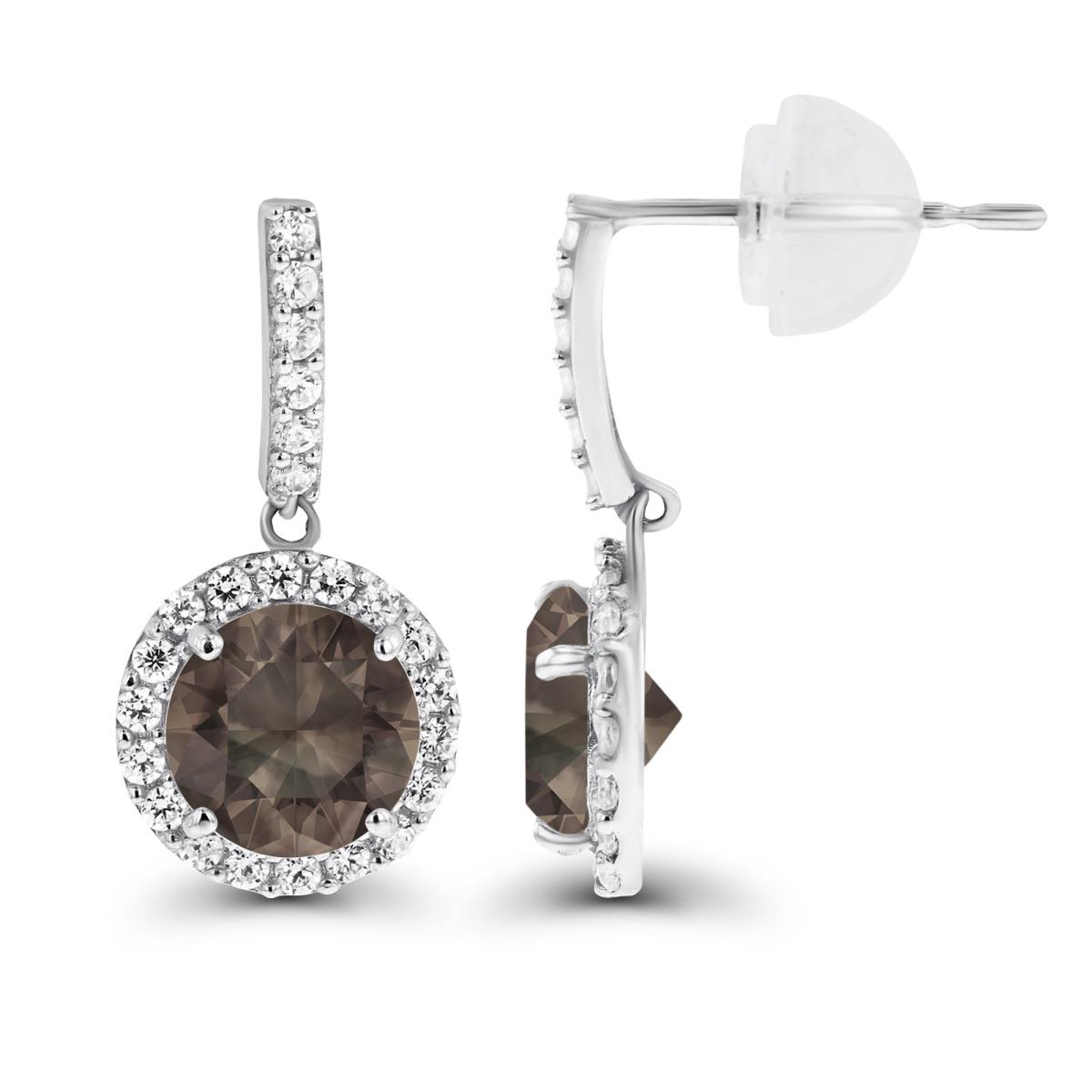 Sterling Silver Rhodium Dangling 6mm Smokey Quartz & Created White Sapphire Halo Earring with Silicone Back