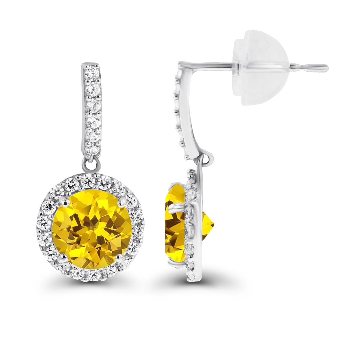 Sterling Silver Rhodium Dangling 6mm Created Yellow Sapphire & Created White Sapphire Halo Earring with Silicone Back