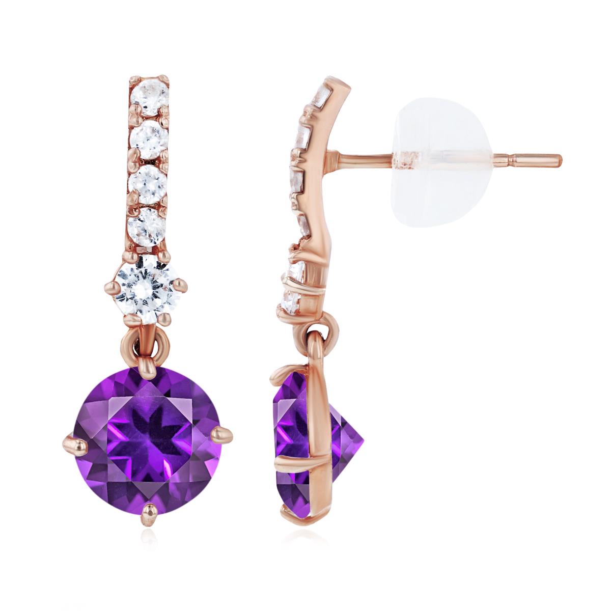Sterling Silver Rose 6mm Amethyst & Created White Sapphire Bridal Dangling Earring with Silicone Back