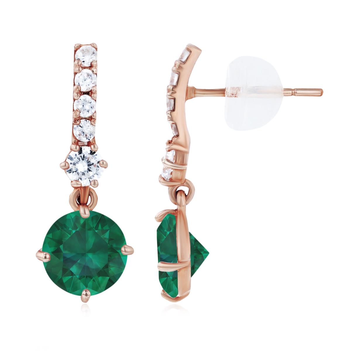 Sterling Silver Rose 6mm Created Emerald & Created White Sapphire Bridal Dangling Earring with Silicone Back