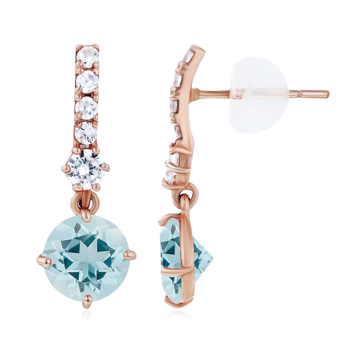 Sterling Silver Rose 6mm Aquamarine & Created White Sapphire Bridal Dangling Earring with Silicone Back