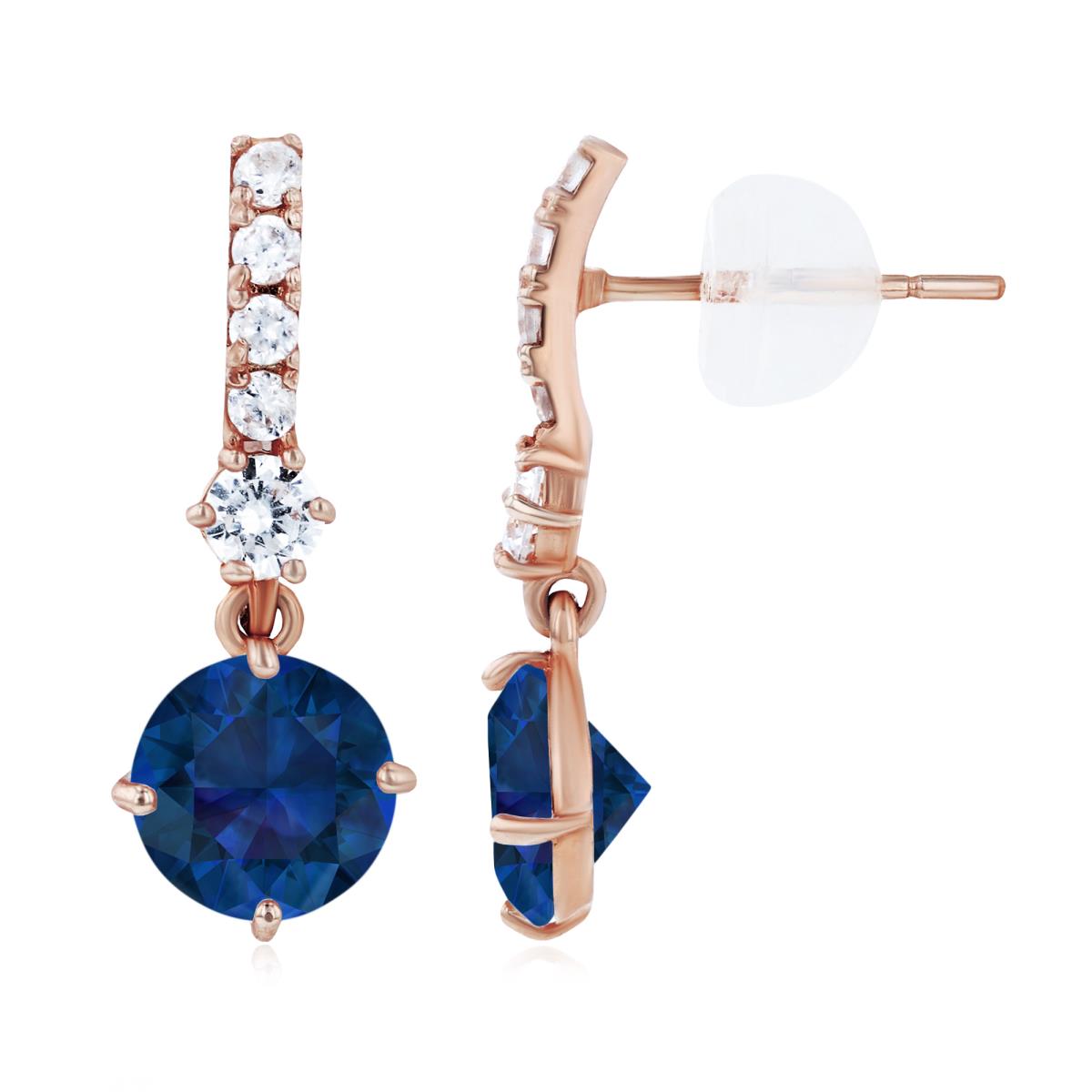 Sterling Silver Rose 6mm Created Blue Sapphire & Created White Sapphire Bridal Dangling Earring with Silicone Back