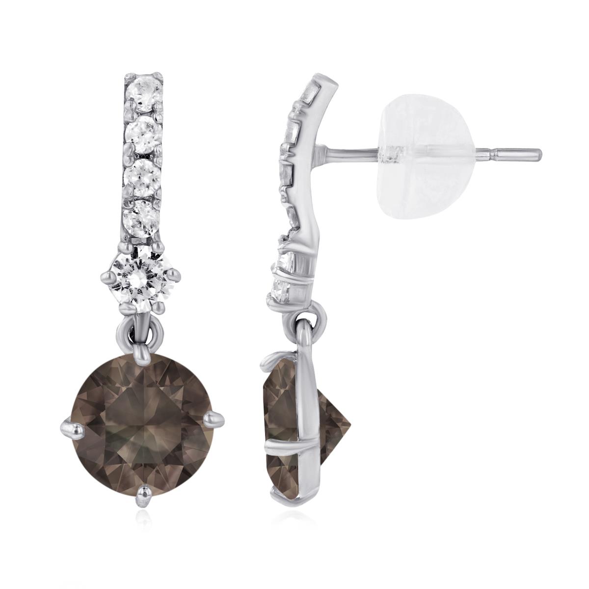 Sterling Silver Rhodium 6mm Smokey Quartz & Created White Sapphire Bridal Dangling Earring with Silicone Back