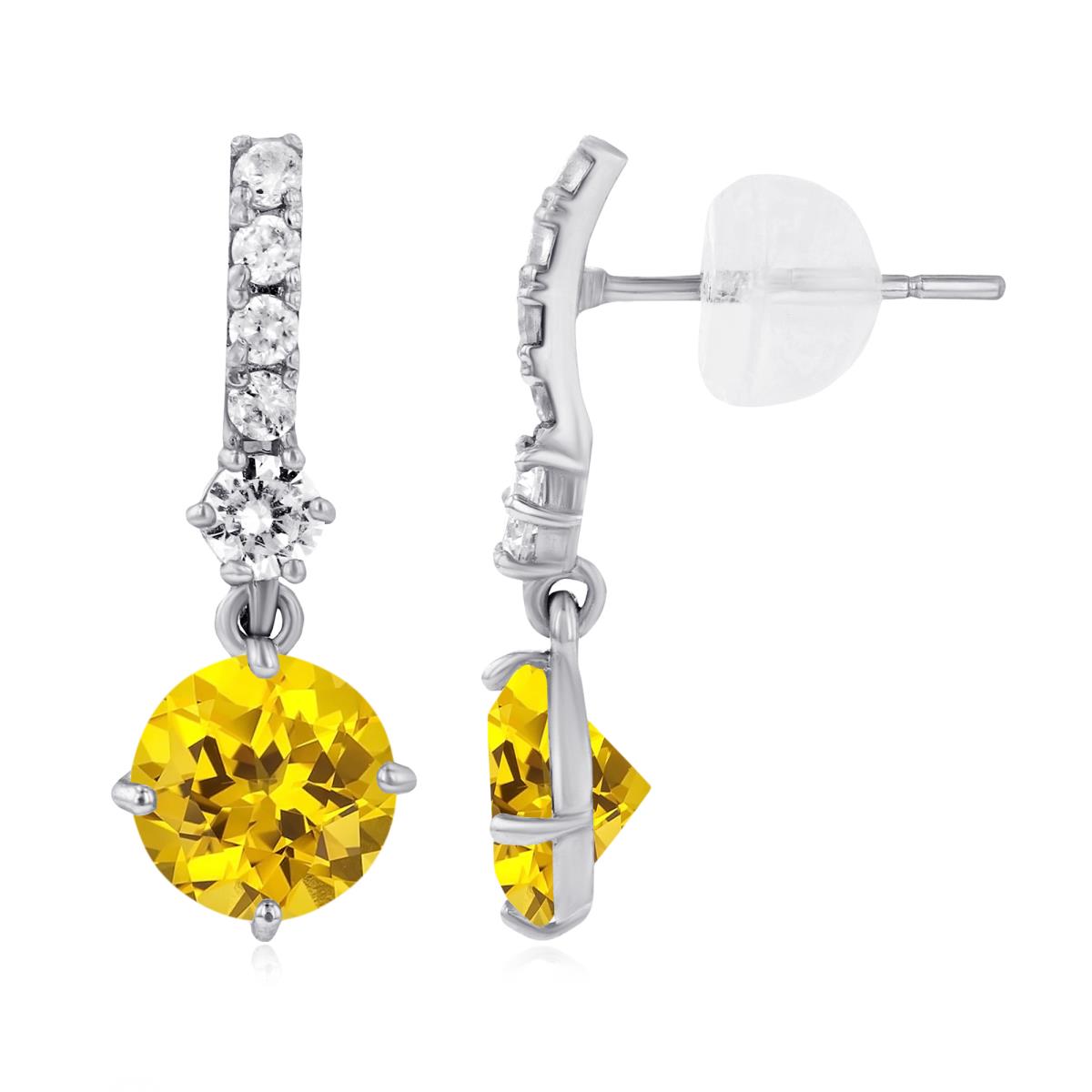 Sterling Silver Rhodium 6mm Created Yellow Sapphire & Created White Sapphire Bridal Dangling Earring with Silicone Back