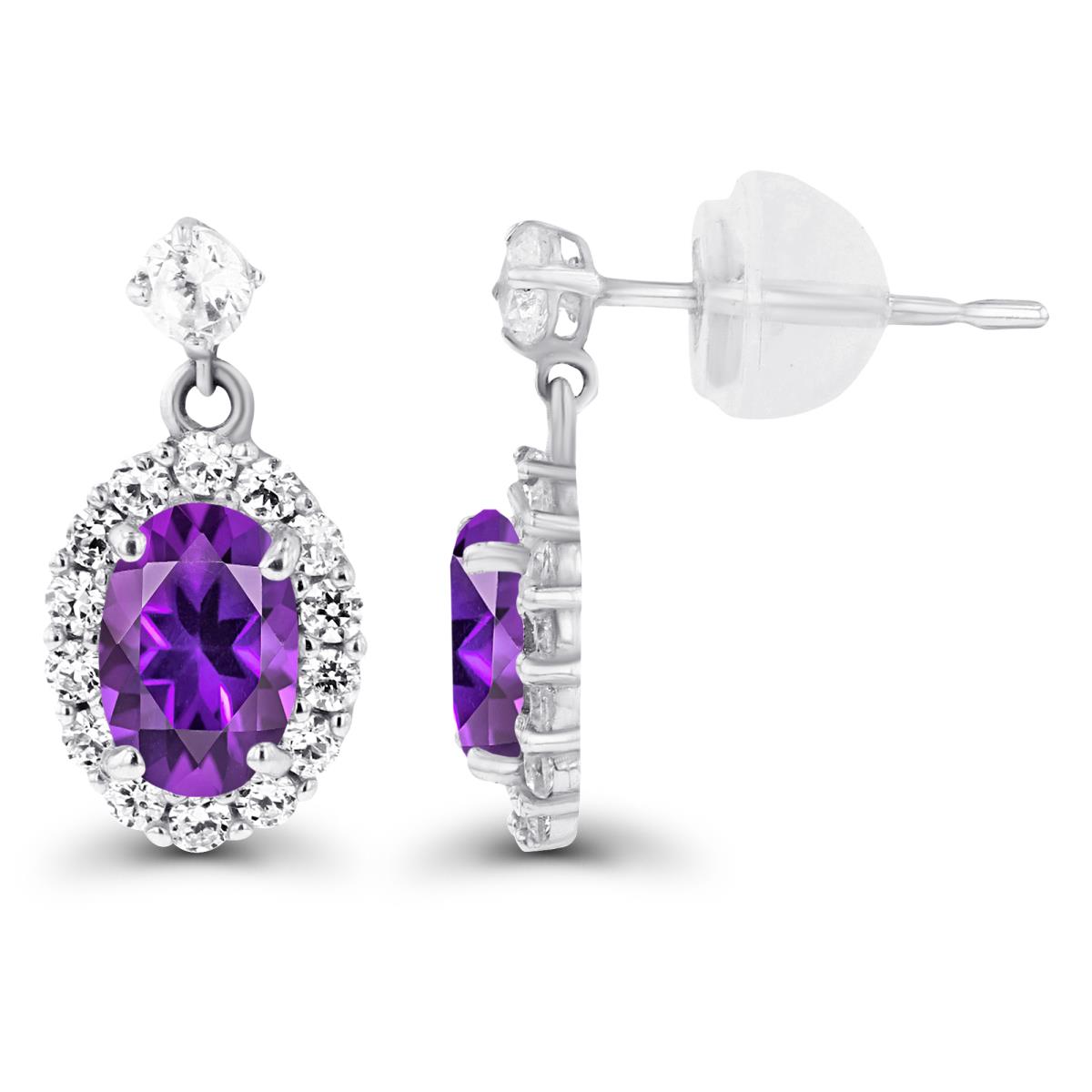 Sterlling Silver Rhodium 6x4mm Oval Amethyst & Created White Sapphire Halo Dangling Earring with Silicone Back