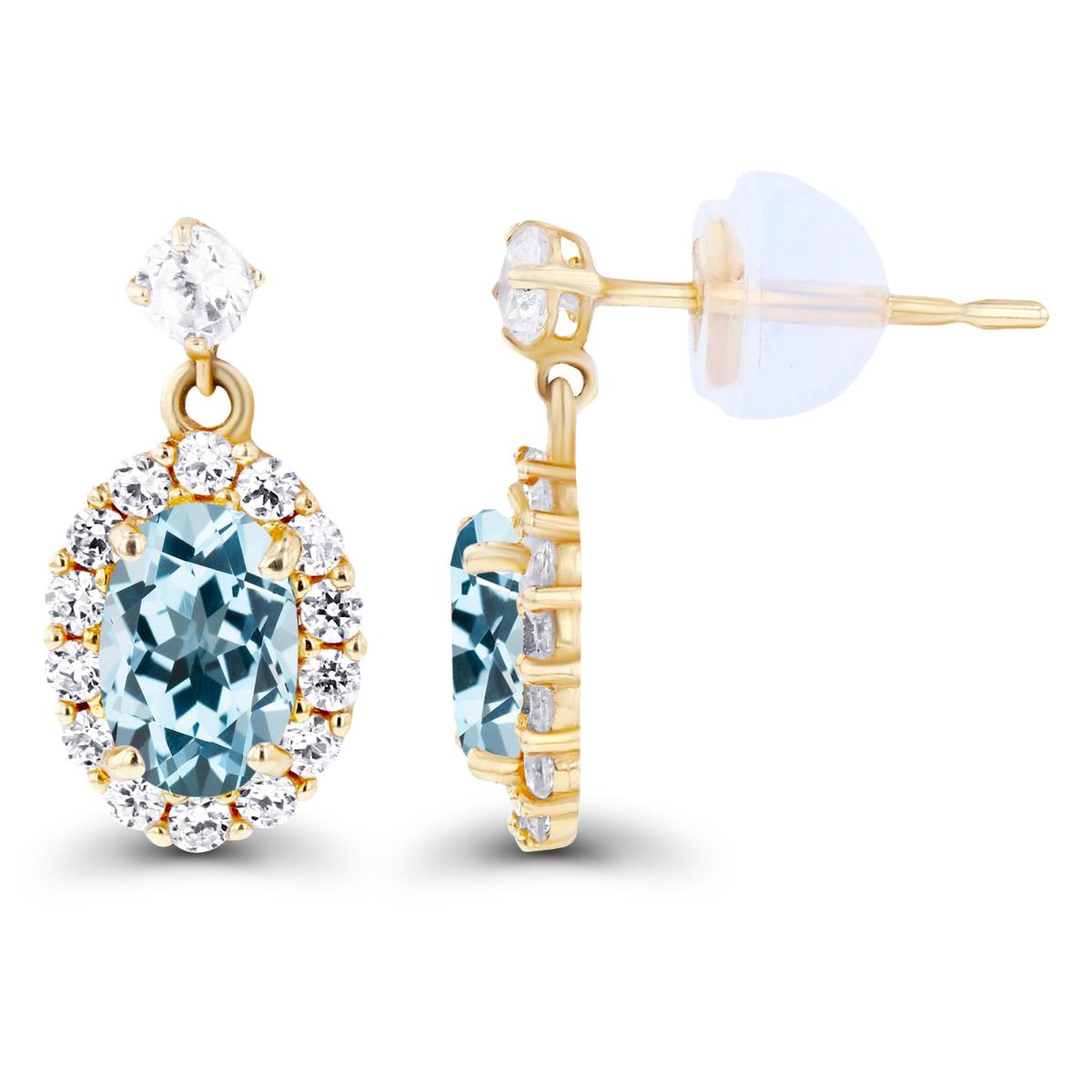 Sterling Silver Yellow 6x4mm Oval Sky Blue Topaz & Created White Sapphire Halo Dangling Earring with Silicone Back