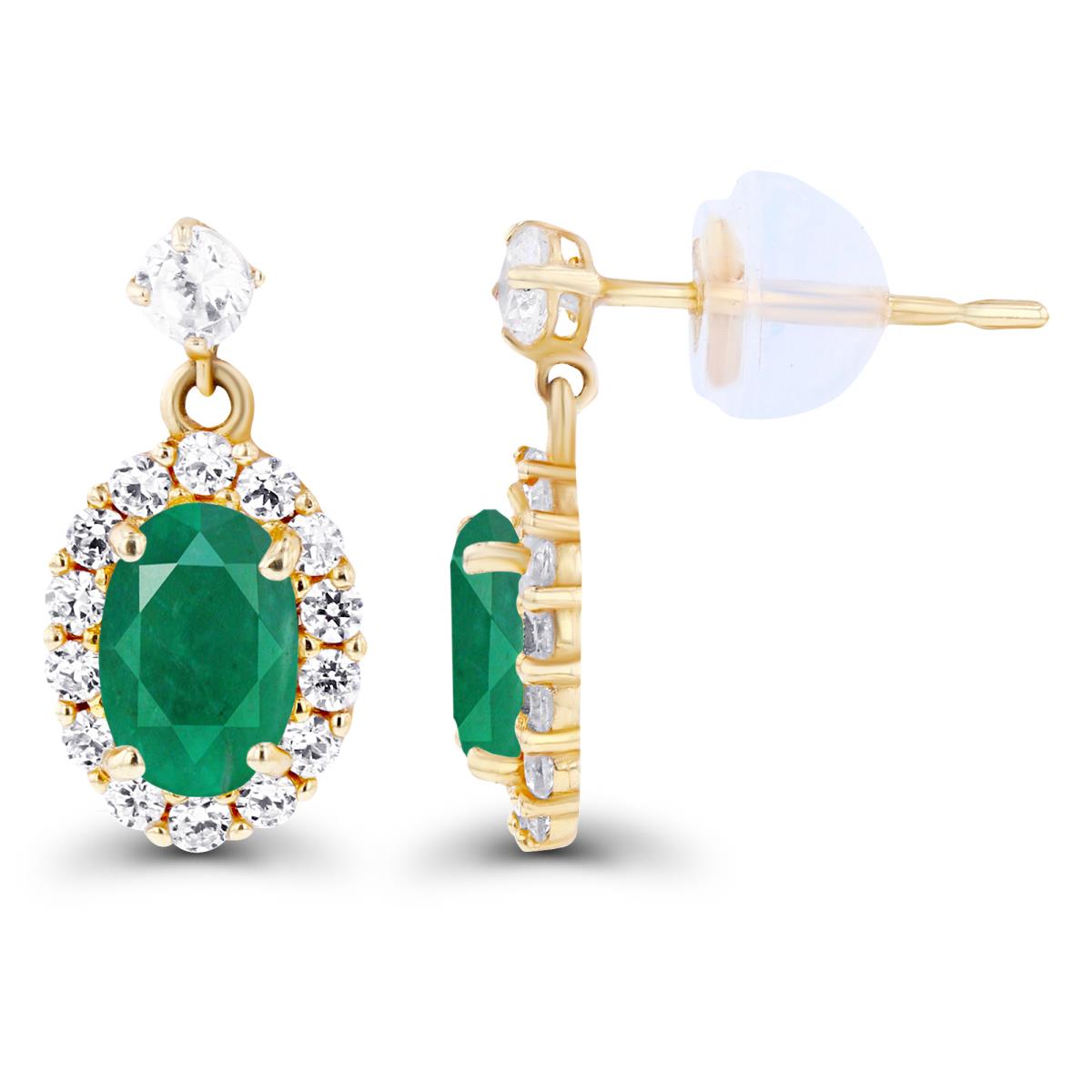 Sterling Silver Yellow 6x4mm Oval Emerald & Created White Sapphire Halo Dangling Earring with Silicone Back